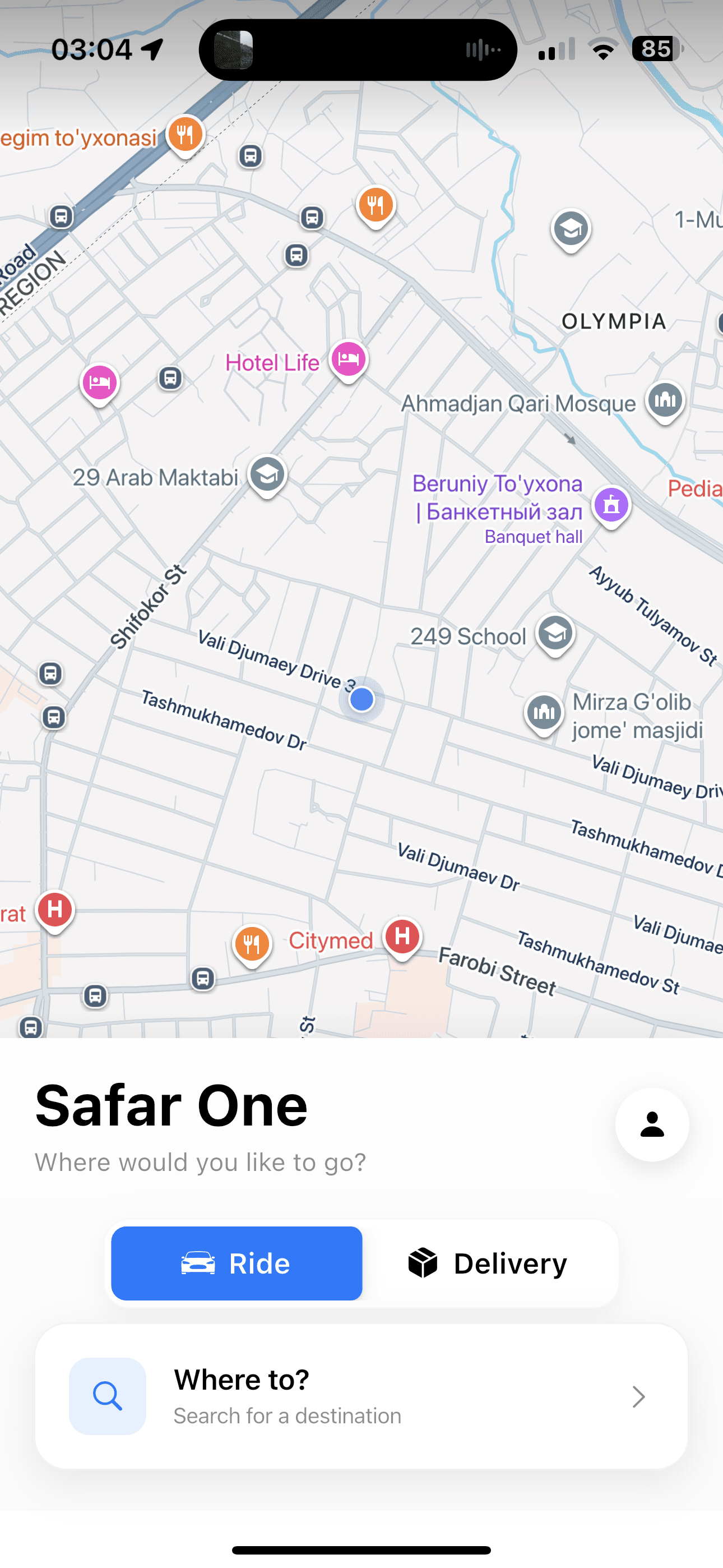 Safar One app: live map with ride and delivery options